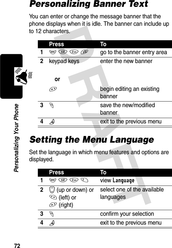 DRAFT 72Personalizing Your PhonePersonalizing Banner TextYou can enter or change the message banner that the phone displays when it is idle. The banner can include up to 12 characters.Setting the Menu LanguageSet the language in which menu features and options are displayed.Press To1M 5 2 3go to the banner entry area2keypad keysor# enter the new bannerbegin editing an existing banner3-save the new/modified banner4Oexit to the previous menuPress To1M 5 2 1view Language2S (up or down) or * (left) or #(right)select one of the available languages3-confirm your selection4Oexit to the previous menu