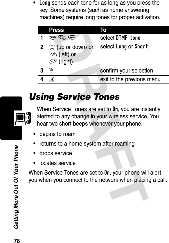 DRAFT 78Getting More Out Of Your Phone•Long sends each tone for as long as you press the key. Some systems (such as home answering machines) require long tones for proper activation.Using Service TonesWhen Service Tones are set to On, you are instantly alerted to any change in your wireless service. You hear two short beeps whenever your phone:•begins to roam•returns to a home system after roaming•drops service•locates serviceWhen Service Tones are set to On, your phone will alert you when you connect to the network when placing a call.Press To1M 4 0select DTMF tone2S (up or down) or * (left) or #(right)select Long or Short3-confirm your selection4Pexit to the previous menu