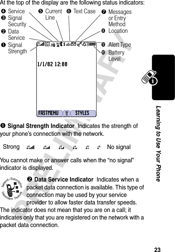 23PRELIMINARYLearning to Use Your PhoneAt the top of the display are the following status indicators:n Signal Strength IndicatorIndicates the strength of your phone’s connection with the network.You cannot make or answer calls when the “no signal” indicator is displayed.o Data Service IndicatorIndicates when a packet data connection is available. This type of connection may be used by your service provider to allow faster data transfer speeds. The indicator does not mean that you are on a call; it indicates only that you are registered on the network with a packet data connection.Strong5 4 3 2 1 0 No signal 5DGk ÜJiY9îFASTMENU STYLES1/1/02 12:00➋Data Service➌Signal Security➎Current Line➍Service➓BatteryLevel➑Location ➏Tex t  Ca s e➒Alert Type➐Messages or Entry Method➊SignalStrength