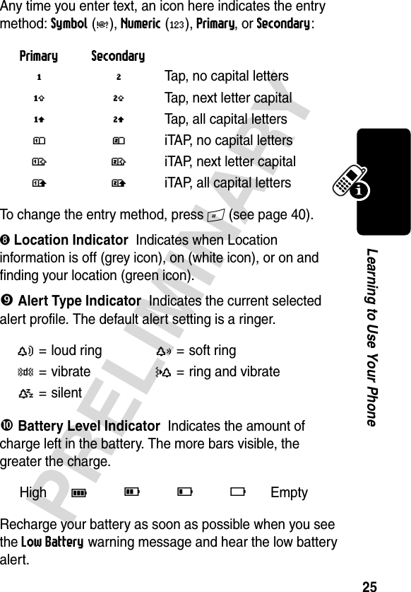 25PRELIMINARYLearning to Use Your PhoneAny time you enter text, an icon here indicates the entry method: Symbol(å), Numeric(á), Primary, or Secondary:To change the entry method, press # (see page 40).➑ Location IndicatorIndicates when Location information is off (grey icon), on (white icon), or on and finding your location (green icon).v Alert Type IndicatorIndicates the current selected alert profile. The default alert setting is a ringer.w Battery Level IndicatorIndicates the amount of charge left in the battery. The more bars visible, the greater the charge.Recharge your battery as soon as possible when you see the Low Battery warning message and hear the low battery alert.Primary SecondaryïõTap, no capital lettersóùTap, next letter capitalñúTap, all capital lettersôüiTAP, no capital letters†°iTAP, next letter capitalòûiTAP, all capital lettersY= loud ringX=soft ringW=vibrateZ= ring and vibratea= silentHigh9 876Empty 