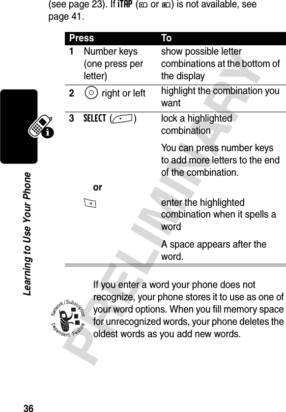 36PRELIMINARYLearning to Use Your Phone(see page 23). If iTAP (ô or ü) is not available, see page 41.If you enter a word your phone does not recognize, your phone stores it to use as one of your word options. When you fill memory space for unrecognized words, your phone deletes the oldest words as you add new words. Press To1Number keys (one press per letter)show possible letter combinations at the bottom of the display2S right or left highlight the combination you want3SELECT(+)  lock a highlighted combinationYou can press number keys to add more letters to the end of the combination.or* enter the highlighted combination when it spells a wordA space appears after the word.