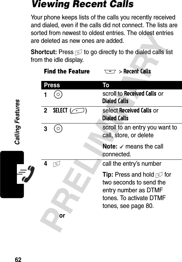 62PRELIMINARYCalling FeaturesViewing Recent CallsYour phone keeps lists of the calls you recently received and dialed, even if the calls did not connect. The lists are sorted from newest to oldest entries. The oldest entries are deleted as new ones are added. Shortcut: Press N to go directly to the dialed calls list from the idle display.Find the FeatureM&gt; Recent CallsPress To1S scroll to Received Calls or Dialed Calls2SELECT(+) select Received Calls or Dialed Calls3S scroll to an entry you want to call, store, or deleteNote: \ means the call connected.4N  call the entry’s numberTip: Press and hold N for two seconds to send the entry number as DTMF tones. To activate DTMF tones, see page 80.or