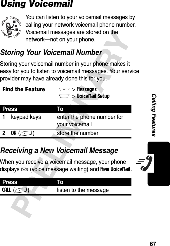 67PRELIMINARYCalling FeaturesUsing VoicemailYou can listen to your voicemail messages by calling your network voicemail phone number. Voicemail messages are stored on the network—not on your phone.Storing Your Voicemail NumberStoring your voicemail number in your phone makes it easy for you to listen to voicemail messages. Your service provider may have already done this for you.Receiving a New Voicemail MessageWhen you receive a voicemail message, your phone displays f (voice message waiting) and New VoiceMail.Find the FeatureM&gt; MessagesM&gt; VoiceMail SetupPress To1keypad keys enter the phone number for your voicemail2OK(+) store the numberPress ToCALL(+) listen to the message