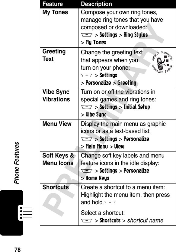 78PRELIMINARYPhone FeaturesMy Tones  Compose your own ring tones, manage ring tones that you have composed or downloaded:M &gt;Settings &gt;Ring Styles &gt;My Tones Greeting Text Change the greeting text that appears when you turn on your phone:M &gt;Settings &gt;Personalize &gt;Greeting Vibe Sync Vibrations Turn on or off the vibrations in special games and ring tones:M &gt;Settings &gt;Initial Setup &gt;Vibe SyncMenu View  Display the main menu as graphic icons or as a text-based list:M &gt;Settings &gt;Personalize &gt;Main Menu &gt;ViewSoft Keys &amp; Menu Icons Change soft key labels and menu feature icons in the idle display:M &gt;Settings &gt;Personalize &gt;Home KeysShortcuts  Create a shortcut to a menu item:Highlight the menu item, then press and hold MSelect a shortcut:M &gt;Shortcuts &gt; shortcut nameFeature Description