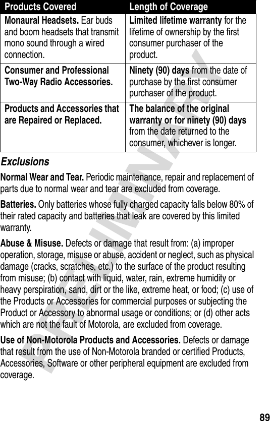 89PRELIMINARYExclusionsNormal Wear and Tear. Periodic maintenance, repair and replacement of parts due to normal wear and tear are excluded from coverage.Batteries. Only batteries whose fully charged capacity falls below 80% of their rated capacity and batteries that leak are covered by this limited warranty.Abuse &amp; Misuse. Defects or damage that result from: (a) improper operation, storage, misuse or abuse, accident or neglect, such as physical damage (cracks, scratches, etc.) to the surface of the product resulting from misuse; (b) contact with liquid, water, rain, extreme humidity or heavy perspiration, sand, dirt or the like, extreme heat, or food; (c) use of the Products or Accessories for commercial purposes or subjecting the Product or Accessory to abnormal usage or conditions; or (d) other acts which are not the fault of Motorola, are excluded from coverage.Use of Non-Motorola Products and Accessories. Defects or damage that result from the use of Non-Motorola branded or certified Products, Accessories, Software or other peripheral equipment are excluded from coverage.Monaural Headsets. Ear buds and boom headsets that transmit mono sound through a wired connection.Limited lifetime warranty for the lifetime of ownership by the first consumer purchaser of the product.Consumer and Professional Two-Way Radio Accessories. Ninety (90) days from the date of purchase by the first consumer purchaser of the product.Products and Accessories that are Repaired or Replaced. The balance of the original warranty or for ninety (90) days from the date returned to the consumer, whichever is longer.Products Covered Length of Coverage