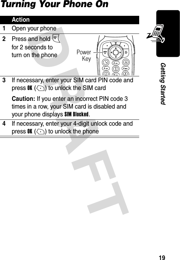 DRAFT 19Getting StartedTurning Your Phone OnAction1Open your phone2Press and hold P for 2 seconds to turn on the phone3If necessary, enter your SIM card PIN code and press OK(+) to unlock the SIM cardCaution: If you enter an incorrect PIN code 3 times in a row, your SIM card is disabled and your phone displays SIM Blocked.4If necessary, enter your 4-digit unlock code and press OK(+) to unlock the phonePowerKey