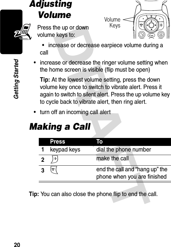 DRAFT 20Getting StartedAdjusting VolumePress the up or down volume keys to:•increase or decrease earpiece volume during a call•increase or decrease the ringer volume setting when the home screen is visible (flip must be open)Tip: At the lowest volume setting, press the down volume key once to switch to vibrate alert. Press it again to switch to silent alert. Press the up volume key to cycle back to vibrate alert, then ring alert.•turn off an incoming call alertMaking a CallTip: You can also close the phone flip to end the call.Press To1keypad keys dial the phone number2N make the call3O end the call and “hang up” the phone when you are finishedVolumeKeys