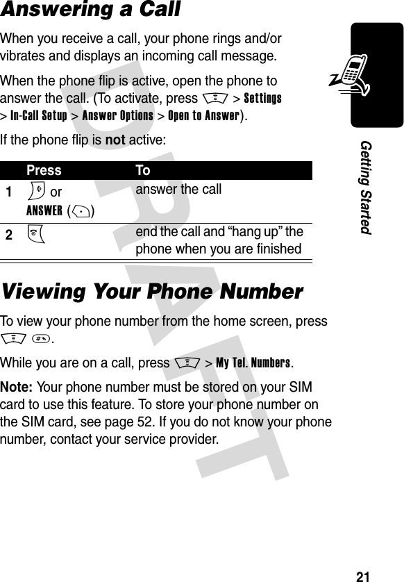 DRAFT 21Getting StartedAnswering a CallWhen you receive a call, your phone rings and/or vibrates and displays an incoming call message.When the phone flip is active, open the phone to answer the call. (To activate, press M &gt;Settings &gt;In-Call Setup &gt;Answer Options &gt;Open to Answer).If the phone flip is not active:Viewing Your Phone NumberTo view your phone number from the home screen, press M#.While you are on a call, press M &gt;My Tel. Numbers.Note: Your phone number must be stored on your SIM card to use this feature. To store your phone number on the SIM card, see page 52. If you do not know your phone number, contact your service provider.Press To1N or ANSWER(+)answer the call2O end the call and “hang up” the phone when you are finished