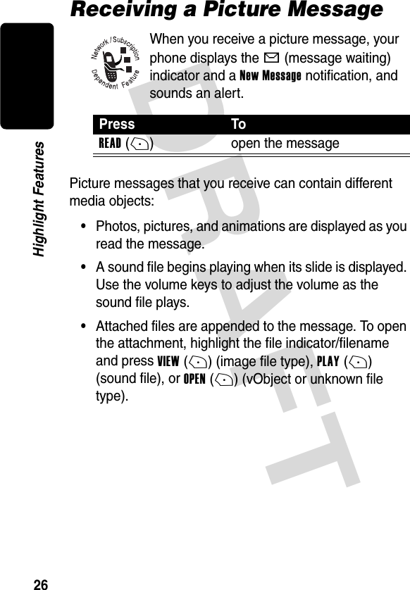 DRAFT 26Highlight FeaturesReceiving a Picture MessageWhen you receive a picture message, your phone displays the X (message waiting) indicator and a New Message notification, and sounds an alert.Picture messages that you receive can contain different media objects:•Photos, pictures, and animations are displayed as you read the message.•A sound file begins playing when its slide is displayed. Use the volume keys to adjust the volume as the sound file plays.•Attached files are appended to the message. To open the attachment, highlight the file indicator/filename and press VIEW(+) (image file type), PLAY(+) (sound file), or OPEN(+) (vObject or unknown file type).Press ToREAD(+) open the message