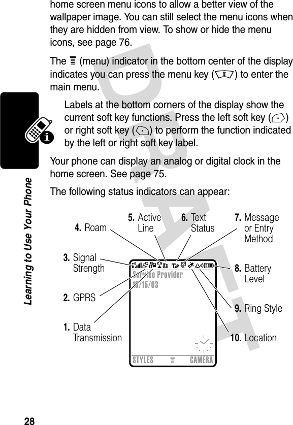 DRAFT 28Learning to Use Your Phonehome screen menu icons to allow a better view of the wallpaper image. You can still select the menu icons when they are hidden from view. To show or hide the menu icons, see page 76.The e (menu) indicator in the bottom center of the display indicates you can press the menu key (M) to enter the main menu.Labels at the bottom corners of the display show the current soft key functions. Press the left soft key (-) or right soft key (+) to perform the function indicated by the left or right soft key label.Your phone can display an analog or digital clock in the home screen. See page 75.The following status indicators can appear:STYLESMCAMERAService Provider 10/15/03 2.GPRS3.Signal Strength6.Tex t  Status7.Message or Entry Method8.Battery Level1.Data Transmission4.Roam5.Active Line9.Ring Style10.Location+49@ ] Ñr(yÉ