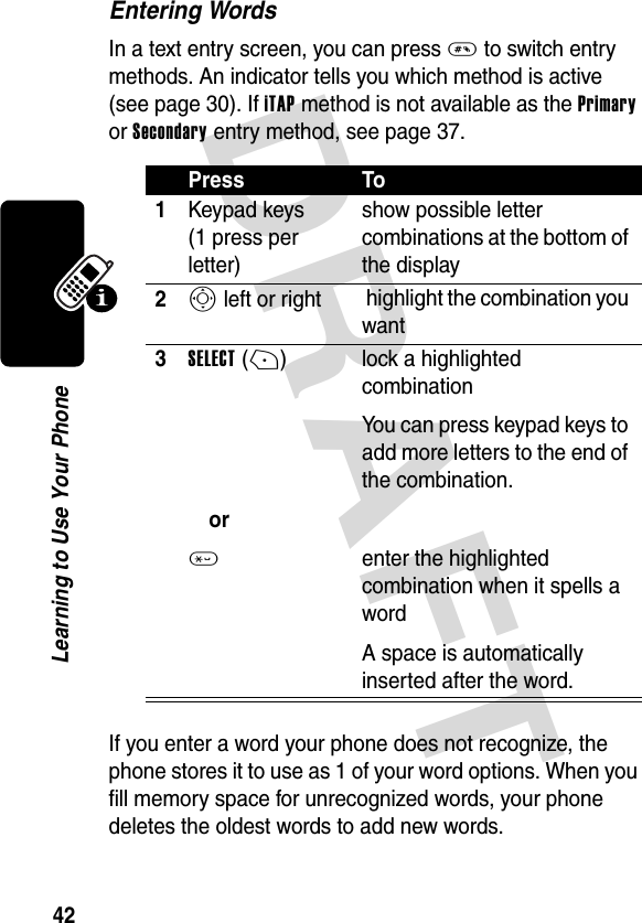 DRAFT 42Learning to Use Your PhoneEntering WordsIn a text entry screen, you can press # to switch entry methods. An indicator tells you which method is active (see page 30). If iTAP method is not available as the Primary or Secondary entry method, see page 37.If you enter a word your phone does not recognize, the phone stores it to use as 1 of your word options. When you fill memory space for unrecognized words, your phone deletes the oldest words to add new words.Press To1Keypad keys (1 press per letter)show possible letter combinations at the bottom of the display2S left or right  highlight the combination you want3SELECT(+)or* lock a highlighted combinationYou can press keypad keys to add more letters to the end of the combination.enter the highlighted combination when it spells a wordA space is automatically inserted after the word.