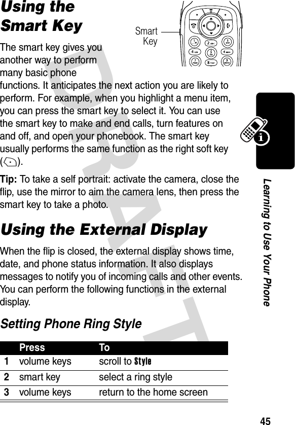 DRAFT 45Learning to Use Your PhoneUsing the Smart KeyThe smart key gives you another way to perform many basic phone functions. It anticipates the next action you are likely to perform. For example, when you highlight a menu item, you can press the smart key to select it. You can use the smart key to make and end calls, turn features on and off, and open your phonebook. The smart key usually performs the same function as the right soft key (+).Tip: To take a self portrait: activate the camera, close the flip, use the mirror to aim the camera lens, then press the smart key to take a photo.Using the External DisplayWhen the flip is closed, the external display shows time, date, and phone status information. It also displays messages to notify you of incoming calls and other events. You can perform the following functions in the external display.Setting Phone Ring StylePress To1volume keys scroll to Style2smart key select a ring style3volume keys return to the home screenSmartKey