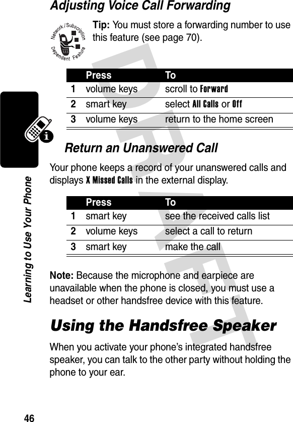 DRAFT 46Learning to Use Your PhoneAdjusting Voice Call ForwardingTip: You must store a forwarding number to use this feature (see page 70).Return an Unanswered CallYour phone keeps a record of your unanswered calls and displays X Missed Calls in the external display.Note: Because the microphone and earpiece are unavailable when the phone is closed, you must use a headset or other handsfree device with this feature.Using the Handsfree SpeakerWhen you activate your phone’s integrated handsfree speaker, you can talk to the other party without holding the phone to your ear.Press To1volume keys scroll to Forward2smart key select All Calls or Off3volume keys return to the home screenPress To1smart key see the received calls list2volume keys select a call to return3smart key make the call