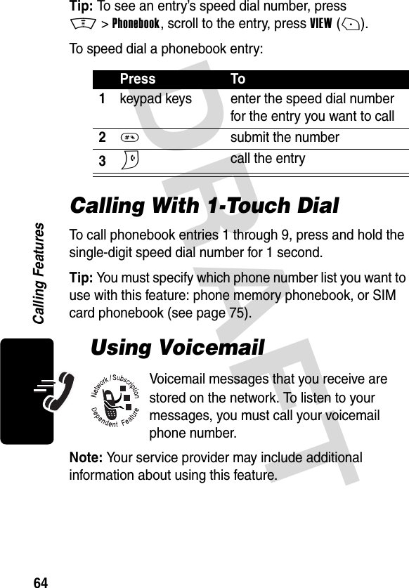 DRAFT 64Calling FeaturesTip: To see an entry’s speed dial number, press M&gt;Phonebook, scroll to the entry, press VIEW(+).To speed dial a phonebook entry:Calling With 1-Touch DialTo call phonebook entries 1 through 9, press and hold the single-digit speed dial number for 1 second.Tip: You must specify which phone number list you want to use with this feature: phone memory phonebook, or SIM card phonebook (see page 75).Using VoicemailVoicemail messages that you receive are stored on the network. To listen to your messages, you must call your voicemail phone number.Note: Your service provider may include additional information about using this feature.Press To1keypad keys enter the speed dial number for the entry you want to call2# submit the number3N call the entry