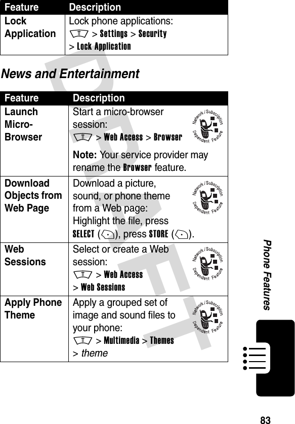 DRAFT 83Phone FeaturesNews and EntertainmentLock Application Lock phone applications:M &gt;Settings &gt;Security &gt;Lock ApplicationFeature DescriptionLaunch Micro-Browser Start a micro-browser session:M &gt;Web Access &gt;BrowserNote: Your service provider may rename the Browser feature.Download Objects from Web Page Download a picture, sound, or phone theme from a Web page:Highlight the file, press SELECT(+), press STORE(+).Web Sessions Select or create a Web session:M &gt;Web Access &gt;Web SessionsApply Phone Theme Apply a grouped set of image and sound files to your phone:M &gt;Multimedia &gt;Themes &gt;themeFeature Description