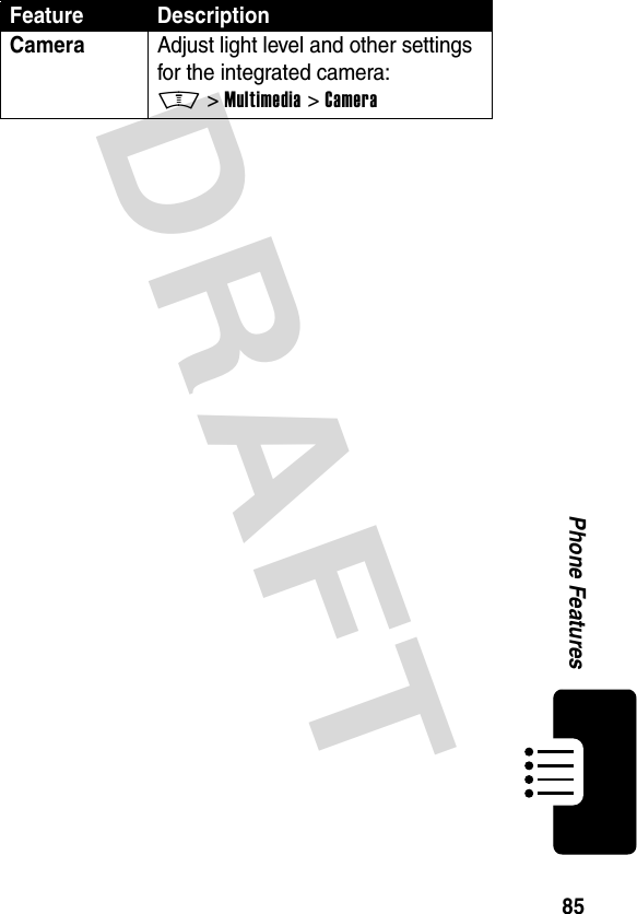 DRAFT 85Phone FeaturesCamera  Adjust light level and other settings for the integrated camera:M &gt;Multimedia &gt;CameraFeature Description