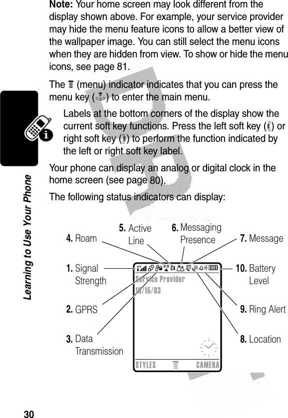 30Learning to Use Your Phone Note: Your home screen may look different from the display shown above. For example, your service provider may hide the menu feature icons to allow a better view of the wallpaper image. You can still select the menu icons when they are hidden from view. To show or hide the menu icons, see page 81.The H (menu) indicator indicates that you can press the menu key (M) to enter the main menu.Labels at the bottom corners of the display show the current soft key functions. Press the left soft key (-) or right soft key (+) to perform the function indicated by the left or right soft key label.Your phone can display an analog or digital clock in the home screen (see page 80).The following status indicators can display:   2.1.6. 7.10.3.4. 5.9.8.Data TransmissionGPRSSignal StrengthRoam ActiveLineMessagingPresence MessageBatteryLevelRing AlertLocationSTYLES CAMERAService Provider10/15/03