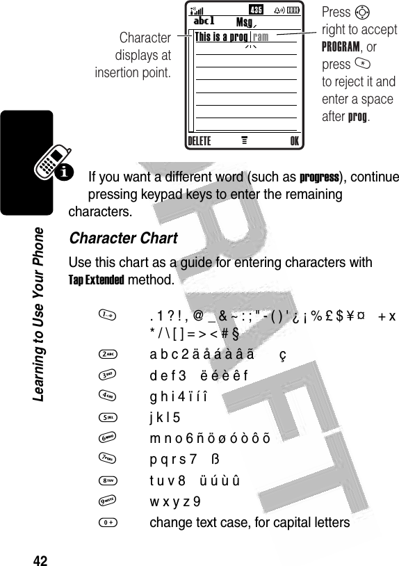 42Learning to Use Your Phone If you want a different word (such as progress), continue pressing keypad keys to enter the remaining characters.Character ChartUse this chart as a guide for entering characters with Tap Extended method.1. 1 ? ! , @ _ &amp; ~ : ; &quot; - ( ) &apos; ¿ ¡ % £ $ ¥ ¤    + x * / \ [ ] = &gt; &lt; # § 2a b c 2 ä å á à â ã       ç3d e f 3    ë é è ê f4g h i 4 ï í î    5j k l 5    6m n o 6 ñ ö ø ó ò ô õ    7p q r s 7    ß    8t u v 8    ü ú ù û9w x y z 9       0change text case, for capital lettersMMsgUg43 5Character displays at insertion point.Press S       right to accept PROGRAM, or press *to reject it and enter a space after prog.OKThis is a prog  ramDELETE