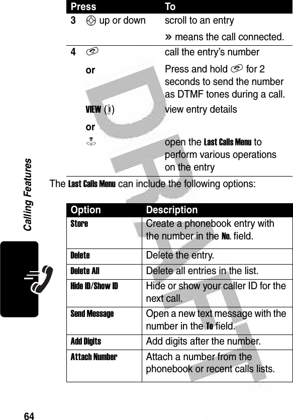 64Calling Features The Last Calls Menu can include the following options:3S up or down scroll to an entry&lt; means the call connected.4Norcall the entry’s numberPress and hold N for 2 seconds to send the number as DTMF tones during a call.VIEW (+)orview entry detailsMopen the Last Calls Menu to perform various operations on the entryOption DescriptionStoreCreate a phonebook entry with the number in the No. field.DeleteDelete the entry.Delete AllDelete all entries in the list.Hide ID/Show ID Hide or show your caller ID for the next call.Send MessageOpen a new text message with the number in the To field.Add DigitsAdd digits after the number.Attach NumberAttach a number from the phonebook or recent calls lists.Press To