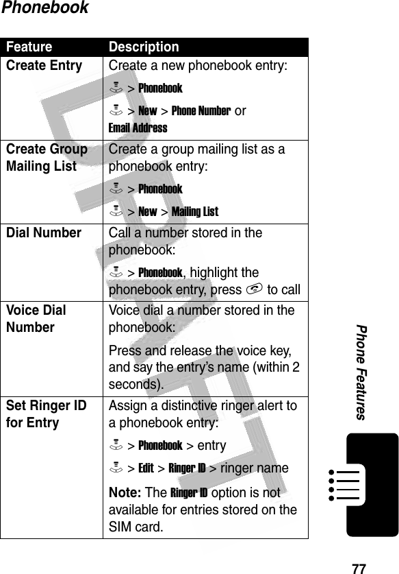 77Phone Features PhonebookFeature DescriptionCreate EntryCreate a new phonebook entry:M &gt; PhonebookM &gt; New &gt; Phone Number or Email AddressCreate Group Mailing ListCreate a group mailing list as a phonebook entry:M &gt; PhonebookM &gt; New &gt; Mailing ListDial NumberCall a number stored in the phonebook:M &gt; Phonebook, highlight the phonebook entry, press N to callVoice Dial Number Voice dial a number stored in the phonebook:Press and release the voice key, and say the entry’s name (within 2 seconds).Set Ringer ID for Entry Assign a distinctive ringer alert to a phonebook entry:M &gt; Phonebook &gt; entryM &gt; Edit &gt; Ringer ID &gt; ringer name Note: The Ringer ID option is not available for entries stored on the SIM card.