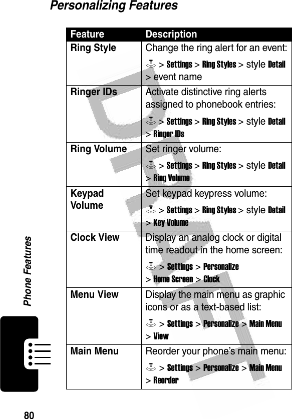 80Phone Features Personalizing FeaturesFeature DescriptionRing Style Change the ring alert for an event:M &gt; Settings &gt; Ring Styles &gt; style Detail &gt; event nameRinger IDs Activate distinctive ring alerts assigned to phonebook entries:M &gt; Settings &gt; Ring Styles &gt; style Detail &gt; Ringer IDsRing VolumeSet ringer volume:M &gt; Settings &gt; Ring Styles &gt; style Detail &gt; Ring VolumeKeypad VolumeSet keypad keypress volume:M &gt; Settings &gt; Ring Styles &gt; style Detail &gt; Key VolumeClock View Display an analog clock or digital time readout in the home screen:M &gt; Settings &gt; Personalize &gt; Home Screen &gt; ClockMenu ViewDisplay the main menu as graphic icons or as a text-based list:M &gt; Settings &gt; Personalize &gt; Main Menu &gt; ViewMain Menu Reorder your phone’s main menu:M &gt; Settings &gt; Personalize &gt; Main Menu &gt; Reorder