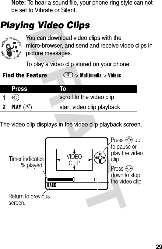 DRAFT 29Note: To hear a sound file, your phone ring style can not be set to Vibrate or Silent.Playing Video ClipsYou can download video clips with the micro-browser, and send and receive video clips in picture messages.To play a video clip stored on your phone:The video clip displays in the video clip playback screen.Find the Featurem&gt; Multimedia &gt; VideosPress To1S scroll to the video clip2PLAY (r)start video clip playbackBACKVIDEOCLIPTimer indicates % played.Return to previous screen.Press S up to pause or play the video clip.Press S down to stop the video clip.