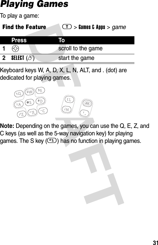 DRAFT 31Playing GamesTo play a game:Keyboard keys W, A, D, X, L, N, ALT, and . (dot) are dedicated for playing games.Note: Depending on the games, you can use the Q, E, Z, and C keys (as well as the 5-way navigation key) for playing games. The S key (S) has no function in playing games.Find the Featurem&gt; Games &amp; Apps &gt; gamePress To1S scroll to the game2SELECT (r)start the game