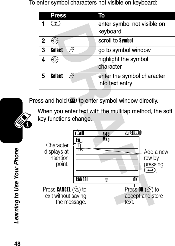 DRAFT 48Learning to Use Your PhoneTo enter symbol characters not visible on keyboard:Press and hold a to enter symbol window directly.When you enter text with the multitap method, the soft key functions change.Press To1m enter symbol not visible on keyboard2S scroll to Symbol3Selectr go to symbol window4S highlight the symbol character5Selectr enter the symbol character into text entryAdd a new row by pressing t.Press CANCEL (l) to exit without saving the message.Character displays at insertion point.Press OK (r) to accept and store text.449En (yÉCANCELMOKMsgT