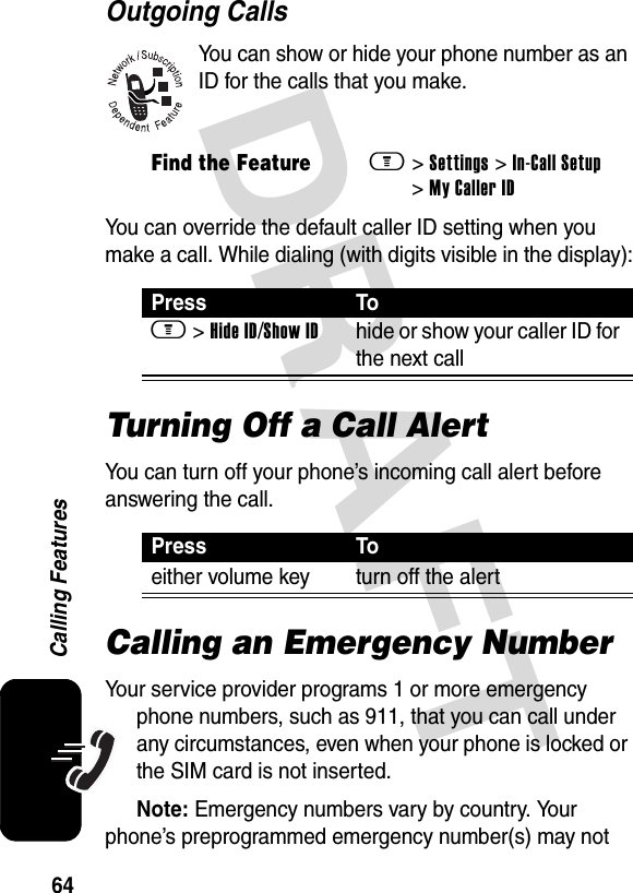 DRAFT 64Calling FeaturesOutgoing CallsYou can show or hide your phone number as an ID for the calls that you make.You can override the default caller ID setting when you make a call. While dialing (with digits visible in the display):Turning Off a Call AlertYou can turn off your phone’s incoming call alert before answering the call.Calling an Emergency NumberYour service provider programs 1 or more emergency phone numbers, such as 911, that you can call under any circumstances, even when your phone is locked or the SIM card is not inserted.Note: Emergency numbers vary by country. Your phone’s preprogrammed emergency number(s) may not Find the Featurem&gt; Settings &gt; In-Call Setup &gt; My Caller IDPress Tom &gt; Hide ID/Show IDhide or show your caller ID for the next callPress Toeither volume key turn off the alert