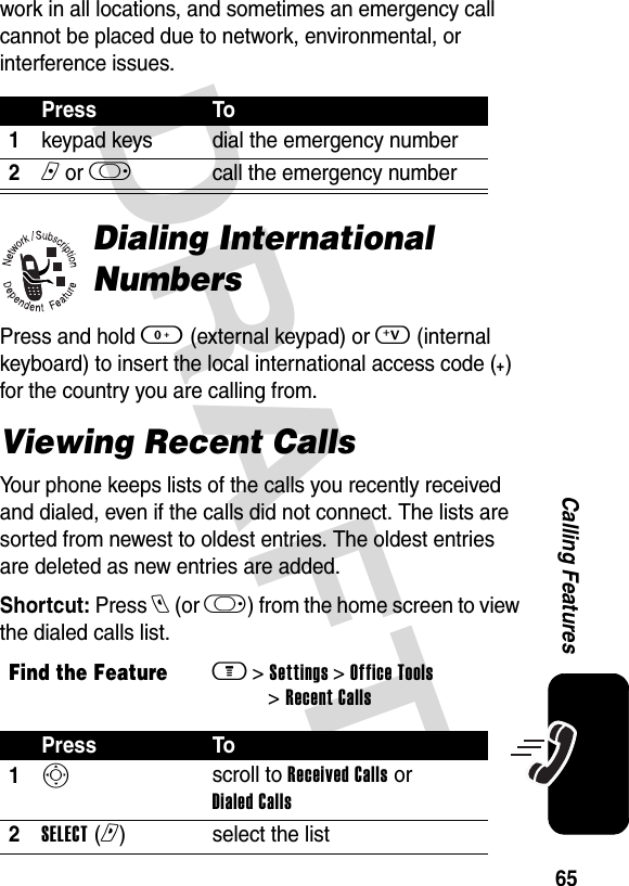 DRAFT 65Calling Featureswork in all locations, and sometimes an emergency call cannot be placed due to network, environmental, or interference issues.Dialing International NumbersPress and hold 0 (external keypad) or V (internal keyboard) to insert the local international access code (+) for the country you are calling from.Viewing Recent CallsYour phone keeps lists of the calls you recently received and dialed, even if the calls did not connect. The lists are sorted from newest to oldest entries. The oldest entries are deleted as new entries are added.Shortcut: Press l (or k) from the home screen to view the dialed calls list.Press To1keypad keys dial the emergency number2n or k call the emergency numberFind the Featurem &gt; Settings &gt; Office Tools &gt; Recent CallsPress To1S scroll to Received Calls or Dialed Calls2SELECT (r)select the list