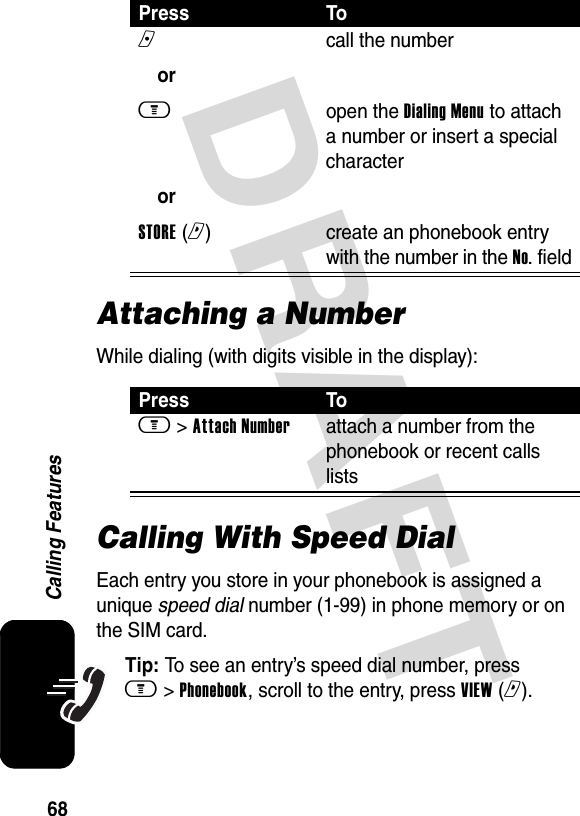 DRAFT 68Calling FeaturesAttaching a NumberWhile dialing (with digits visible in the display):Calling With Speed DialEach entry you store in your phonebook is assigned a unique speed dial number (1-99) in phone memory or on the SIM card.Tip: To see an entry’s speed dial number, press m &gt; Phonebook, scroll to the entry, press VIEW (r).Press Ton orm   orSTORE (r)call the numberopen the Dialing Menu to attach a number or insert a special charactercreate an phonebook entry with the number in the No. fieldPress Tom &gt; Attach Numberattach a number from the phonebook or recent calls lists