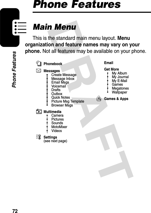 DRAFT 72Phone FeaturesPhone FeaturesMain MenuThis is the standard main menu layout. Menu organization and feature names may vary on your phone. Not all features may be available on your phone.nPhonebookeMessages• Create Message• Message Inbox• Email Msgs•Voicemail• Drafts•Outbox•Quick Notes• Picture Msg Template•Browser MsgshMultimedia•Camera•Pictures• Sounds• MotoMixer• VideoswSettings(see next page)EmailGet More•My Album•My Journal•My E-Mail•Games• Megatones• WallpaperQGames &amp; Apps