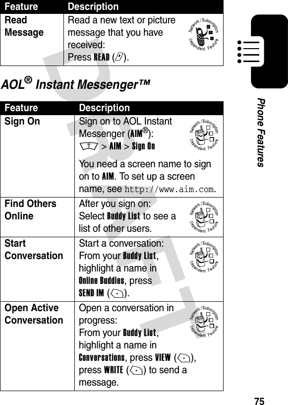 DRAFT 75Phone FeaturesAOL® Instant Messenger™Read MessageRead a new text or picture message that you have received: Press READ (r).Feature DescriptionSign On Sign on to AOL Instant Messenger (AIM®): M &gt; AIM &gt; Sign OnYou need a screen name to sign on to AIM. To set up a screen name, see http://www.aim.com.Find Others OnlineAfter you sign on: Select Buddy List to see a list of other users.Start ConversationStart a conversation: From your Buddy List, highlight a name in Online Buddies, press SEND IM (+).Open Active ConversationOpen a conversation in progress: From your Buddy List, highlight a name in Conversations, press VIEW (+), press WRITE (+) to send a message.Feature Description032380o032380o032380o032380o