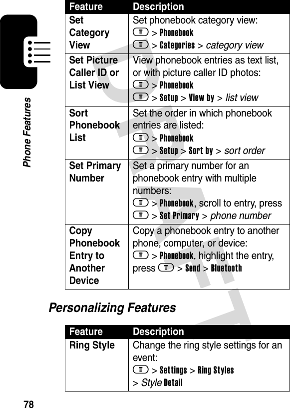 DRAFT 78Phone FeaturesPersonalizing FeaturesSet Category View Set phonebook category view: m &gt; Phonebook m &gt; Categories &gt; category viewSet Picture Caller ID or List View View phonebook entries as text list, or with picture caller ID photos: m &gt; Phonebook m &gt; Setup &gt; View by &gt; list viewSort Phonebook List Set the order in which phonebook entries are listed: m &gt; Phonebook m &gt; Setup &gt; Sort by &gt; sort orderSet Primary NumberSet a primary number for an phonebook entry with multiple numbers: m &gt; Phonebook, scroll to entry, press m &gt; Set Primary &gt; phone numberCopy Phonebook Entry to Another DeviceCopy a phonebook entry to another phone, computer, or device: m &gt; Phonebook, highlight the entry, press m &gt; Send &gt; BluetoothFeature DescriptionRing Style Change the ring style settings for an event: m &gt; Settings &gt; Ring Styles &gt; Style DetailFeature Description