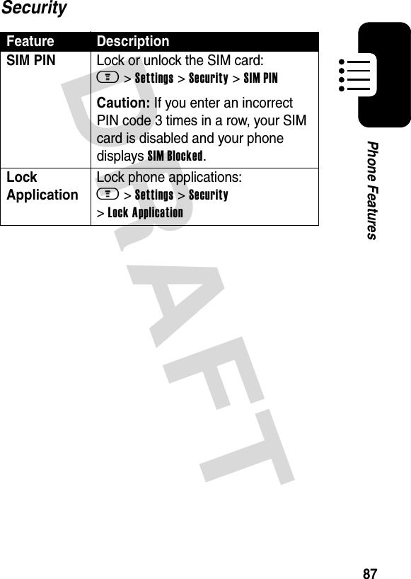 DRAFT 87Phone FeaturesSecurityFeature DescriptionSIM PIN Lock or unlock the SIM card: m &gt; Settings &gt; Security &gt; SIM PINCaution: If you enter an incorrect PIN code 3 times in a row, your SIM card is disabled and your phone displays SIM Blocked.Lock Application Lock phone applications: m &gt; Settings &gt; Security &gt; Lock Application