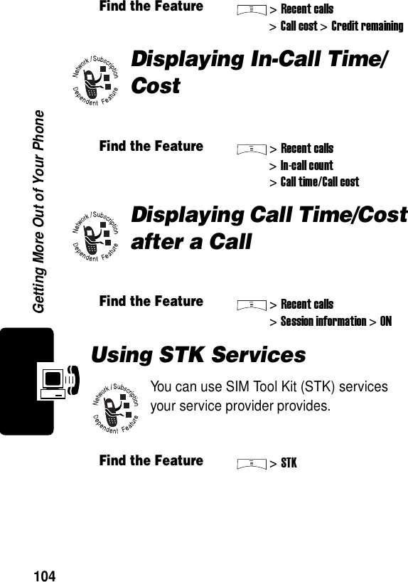  Getting More Out of Your Phone104Displaying In-Call Time/CostDisplaying Call Time/Cost after a CallUsing STK ServicesYou can use SIM Tool Kit (STK) services your service provider provides.Find the Feature&gt;Recent calls&gt;Call cost &gt;Credit remainingFind the Feature&gt;Recent calls&gt;In-call count&gt;Call time/Call costFind the Feature&gt;Recent calls&gt;Session information&gt;ONFind the Feature&gt;STK