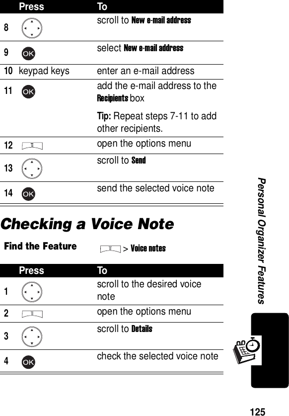  125Personal Organizer FeaturesChecking a Voice Note8scroll to New e-mail address9select New e-mail address10keypad keys enter an e-mail address11add the e-mail address to the Recipients boxTip: Repeat steps 7-11 to add other recipients.12open the options menu13scroll to Send14send the selected voice noteFind the Feature&gt;Voice notesPress To1scroll to the desired voice note2open the options menu3scroll to Details4check the selected voice notePress To