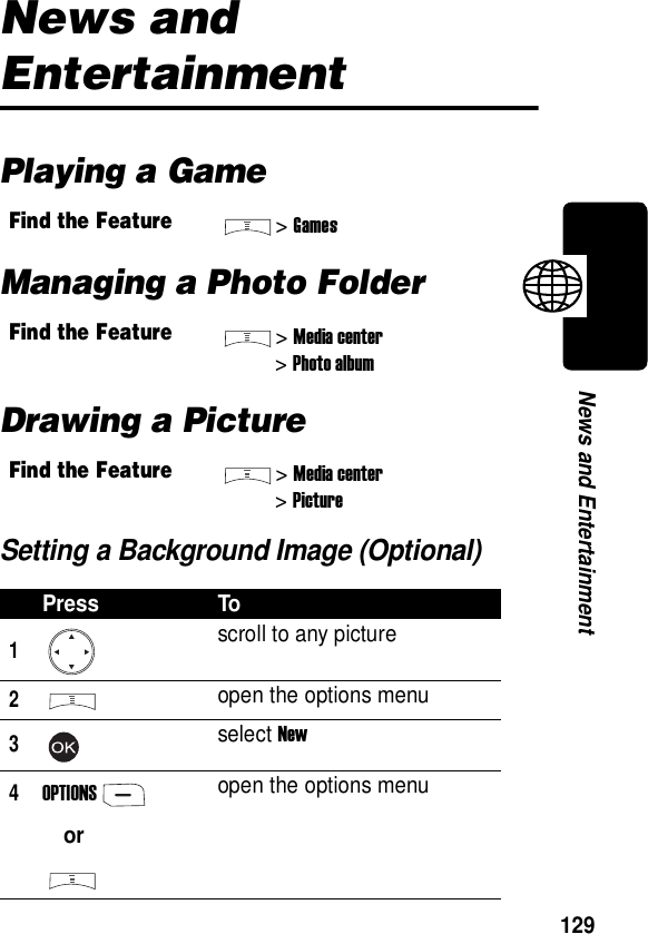  129News and EntertainmentNews and EntertainmentPlaying a GameManaging a Photo FolderDrawing a PictureSetting a Background Image (Optional)Find the Feature&gt;GamesFind the Feature&gt;Media center&gt;Photo albumFind the Feature&gt;Media center&gt;PicturePress To1scroll to any picture2open the options menu3select New4OPTIONSoropen the options menu