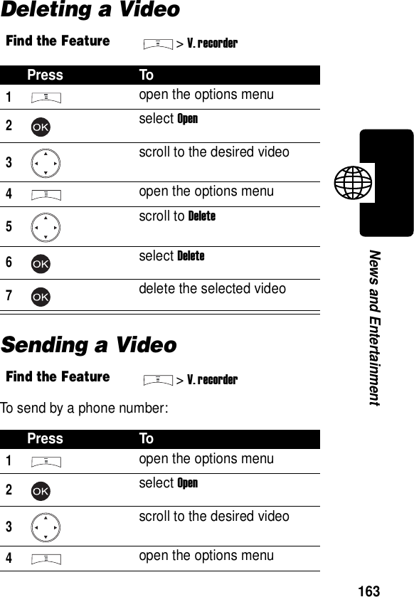  163News and EntertainmentDeleting a VideoSending a VideoTo send by a phone number:Find the Feature&gt;V. recorderPress To1open the options menu2select Open3scroll to the desired video4open the options menu5scroll to Delete6select Delete7delete the selected videoFind the Feature&gt;V. recorderPress To1open the options menu2select Open3scroll to the desired video4open the options menu