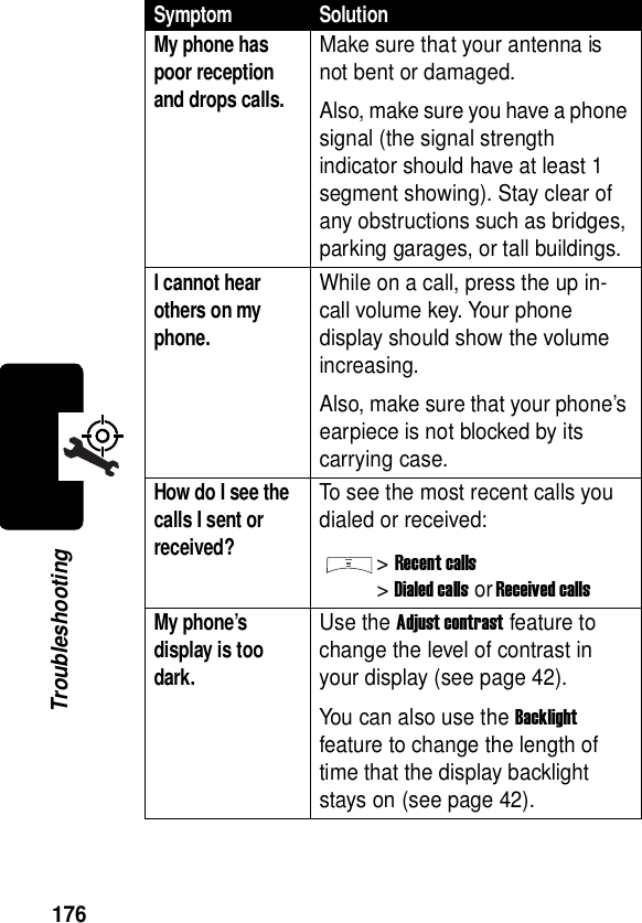  176TroubleshootingMy phone has poor reception and drops calls. Make sure that your antenna is not bent or damaged.Also, make sure you have a phone signal (the signal strength indicator should have at least 1 segment showing). Stay clear of any obstructions such as bridges, parking garages, or tall buildings.I cannot hear others on my phone. While on a call, press the up in-call volume key. Your phone display should show the volume increasing.Also, make sure that your phone’s earpiece is not blocked by its carrying case.How do I see the calls I sent or received? To see the most recent calls you dialed or received:&gt;Recent calls&gt;Dialed calls or Received callsMy phone’s display is too dark. Use the Adjust contrast feature to change the level of contrast in your display (see page 42).You can also use the Backlight feature to change the length of time that the display backlight stays on (see page 42).Symptom Solution