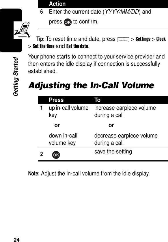  24Getting StartedTip: To reset time and date, press &gt; Settings &gt;Clock &gt;Set the time and Set the date.Your phone starts to connect to your service provider and then enters the idle display if connection is successfully established.Adjusting the In-Call VolumeNote: Adjust the in-call volume from the idle display.6Enter the current date (YYYY/MM/DD) and press to confirm.Press To1up in-call volume keyordown in-call volume keyincrease earpiece volume during a callordecrease earpiece volume during a call2 save the settingAction