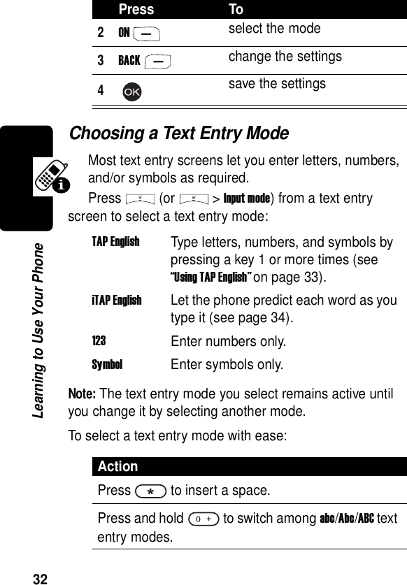  32Learning to Use Your PhoneChoosing a Text Entry ModeMost text entry screens let you enter letters, numbers, and/or symbols as required. Press (or &gt;Input mode) from a text entry screen to select a text entry mode:Note: The text entry mode you select remains active until you change it by selecting another mode.To select a text entry mode with ease:2ONselect the mode3BACKchange the settings4save the settingsTAP EnglishType letters, numbers, and symbols by pressing a key 1 or more times (see “Using TAP English” on page 33).iTAP EnglishLet the phone predict each word as you type it (see page 34).123Enter numbers only.Symbol Enter symbols only.ActionPress to insert a space.Press and hold to switch among abc/Abc/ABC text entry modes.Press To