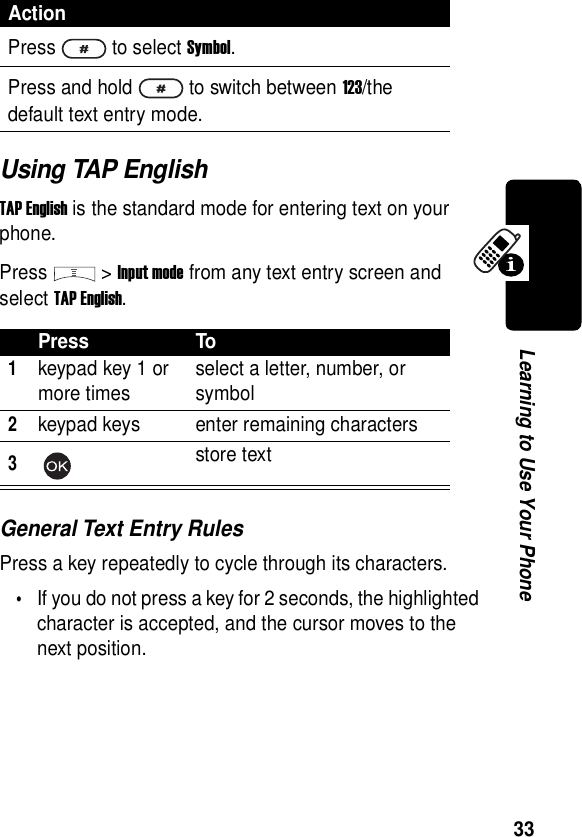  33Learning to Use Your PhoneUsing TAP EnglishTAP English is the standard mode for entering text on your phone.Press &gt;Input mode from any text entry screen and select TAP English.General Text Entry RulesPress a key repeatedly to cycle through its characters.•If you do not press a key for 2 seconds, the highlighted character is accepted, and the cursor moves to the next position.Press to select Symbol.Press and hold to switch between 123/the default text entry mode.Press To1keypad key 1 or more times select a letter, number, or symbol2keypad keys enter remaining characters3store textAction