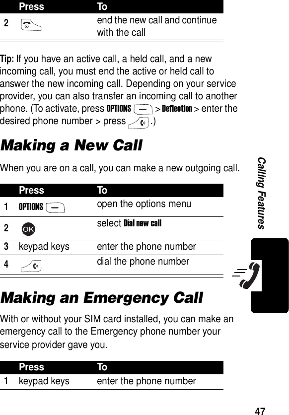  47Calling FeaturesTip: If you have an active call, a held call, and a new incoming call, you must end the active or held call to answer the new incoming call. Depending on your service provider, you can also transfer an incoming call to another phone. (To activate, press OPTIONS&gt; Deflection &gt; enter the desired phone number &gt; press .)Making a New CallWhen you are on a call, you can make a new outgoing call.Making an Emergency CallWith or without your SIM card installed, you can make an emergency call to the Emergency phone number your service provider gave you.2 end the new call and continue with the callPress To1OPTIONSopen the options menu2select Dial new call3keypad keys enter the phone number4dial the phone numberPress To1keypad keys enter the phone numberPress To