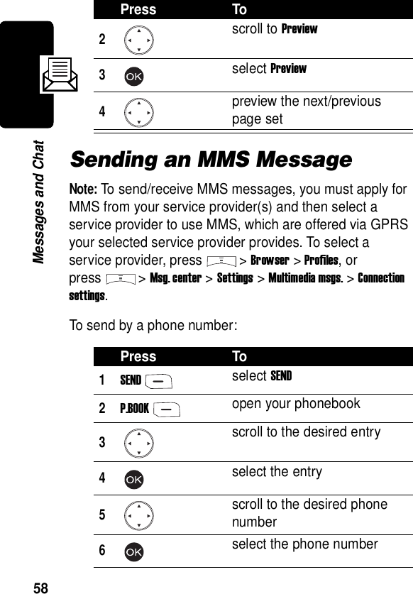  58Messages and ChatSending an MMS MessageNote: To send/receive MMS messages, you must apply for MMS from your service provider(s) and then select a service provider to use MMS, which are offered via GPRS your selected service provider provides. To select a service provider, press &gt; Browser &gt; Profiles, or press &gt; Msg. center &gt; Settings &gt; Multimedia msgs. &gt; Connection settings.To send by a phone number:2scroll to Preview3select Preview4preview the next/previous page setPress To1SENDselect SEND2P.BOOKopen your phonebook3scroll to the desired entry4select the entry5scroll to the desired phone number6select the phone numberPress To