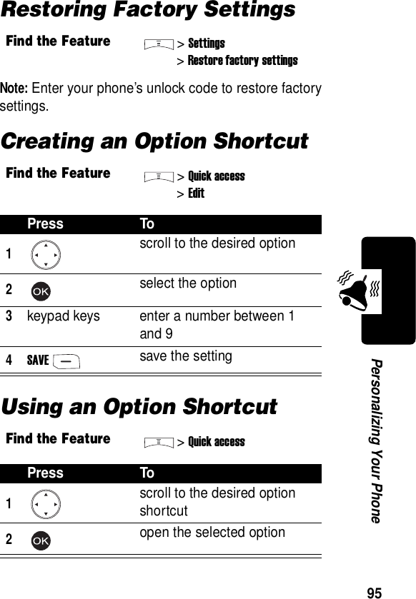  95Personalizing Your PhoneRestoring Factory SettingsNote: Enter your phone’s unlock code to restore factory settings.Creating an Option ShortcutUsing an Option ShortcutFind the Feature&gt;Settings&gt;Restore factory settingsFind the Feature&gt;Quick access&gt;EditPress To1scroll to the desired option2select the option3keypad keys enter a number between 1 and 94SAVEsave the settingFind the Feature&gt;Quick accessPress To1scroll to the desired option shortcut2open the selected option