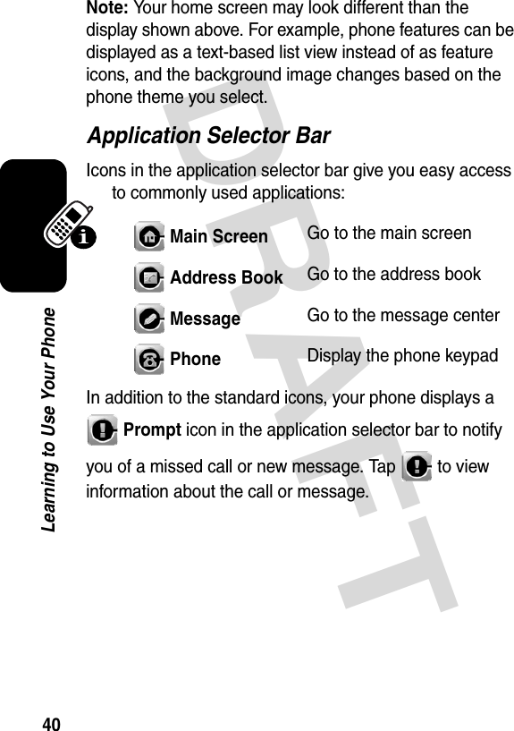 DRAFT 40Learning to Use Your PhoneNote: Your home screen may look different than the display shown above. For example, phone features can be displayed as a text-based list view instead of as feature icons, and the background image changes based on the phone theme you select.Application Selector BarIcons in the application selector bar give you easy access to commonly used applications:In addition to the standard icons, your phone displays a Prompt icon in the application selector bar to notify you of a missed call or new message. Tap   to view information about the call or message.Main ScreenGo to the main screenAddress BookGo to the address bookMessageGo to the message centerPhoneDisplay the phone keypad