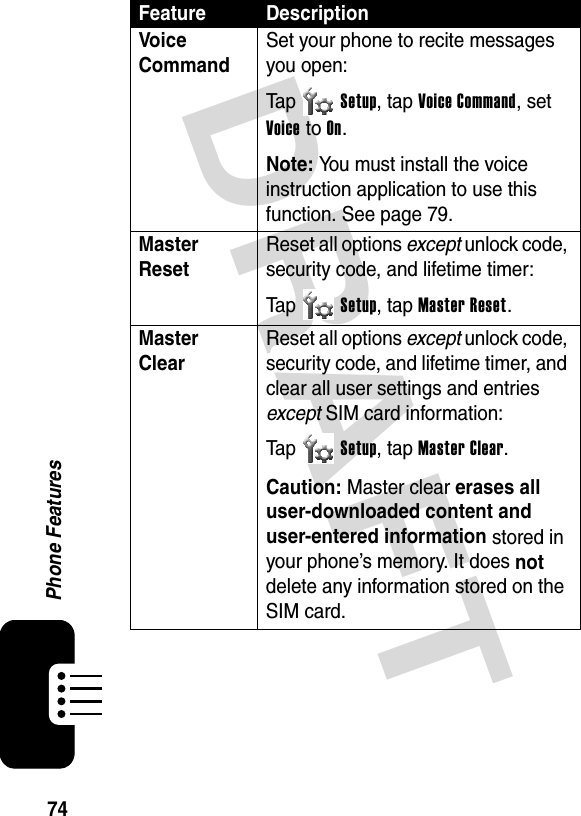 DRAFT 74Phone FeaturesVoic e Command Set your phone to recite messages you open:Ta p Setup, tap Voice Command, set Voice to On.Note: You must install the voice instruction application to use this function. See page 79.Master Reset Reset all options except unlock code, security code, and lifetime timer:Ta p Setup, tap Master Reset.Master Clear Reset all options except unlock code, security code, and lifetime timer, and clear all user settings and entries except SIM card information:Ta p Setup, tap Master Clear.Caution: Master clear erases all user-downloaded content and user-entered information stored in your phone’s memory. It does not delete any information stored on the SIM card.Feature Description