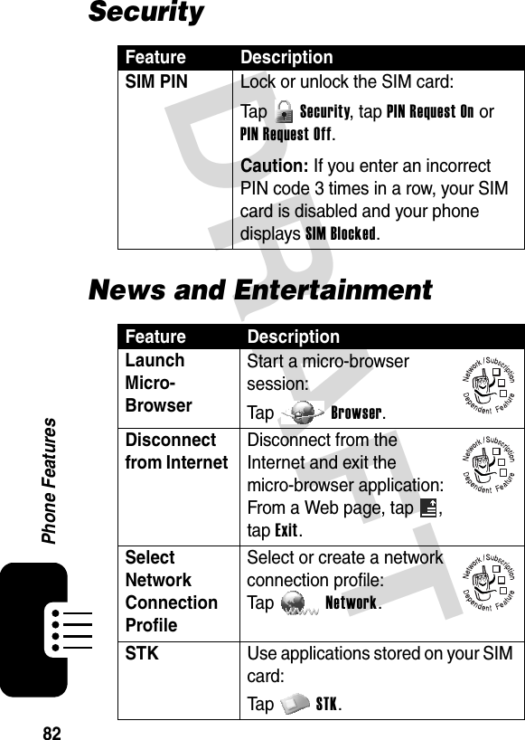 DRAFT 82Phone FeaturesSecurityNews and EntertainmentFeature DescriptionSIM PIN Lock or unlock the SIM card:Ta p   Security, tap PIN Request On or PIN Request Off.Caution: If you enter an incorrect PIN code 3 times in a row, your SIM card is disabled and your phone displays SIM Blocked.Feature DescriptionLaunch Micro-Browser Start a micro-browser session:Ta p Browser.Disconnect from Internet Disconnect from the Internet and exit the micro-browser application:From a Web page, tap  , tap Exit.Select Network Connection Profile Select or create a network connection profile:Ta p Network.STK  Use applications stored on your SIM card:Ta p STK.032380o032380o032380o