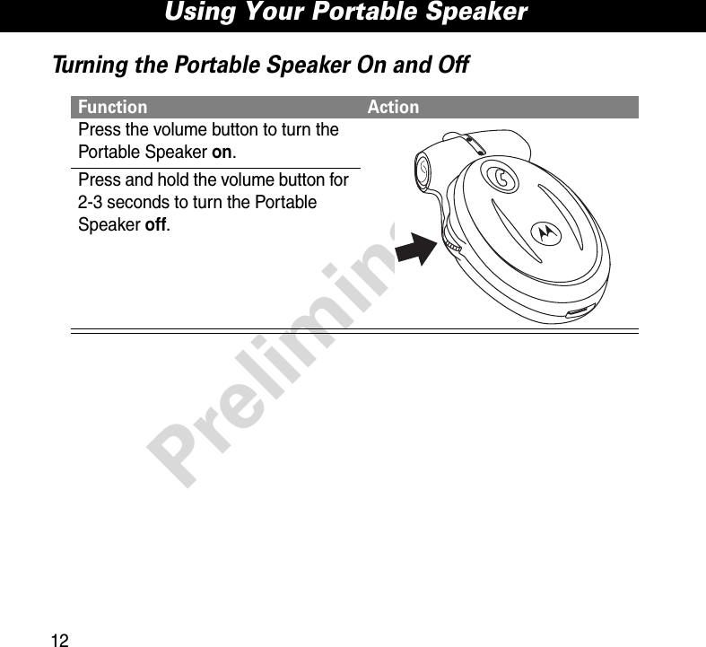 Using Your Portable Speaker12PreliminaryTurning the Portable Speaker On and OffFunction ActionPress the volume button to turn the Portable Speaker on.Press and hold the volume button for 2-3 seconds to turn the Portable Speaker off.